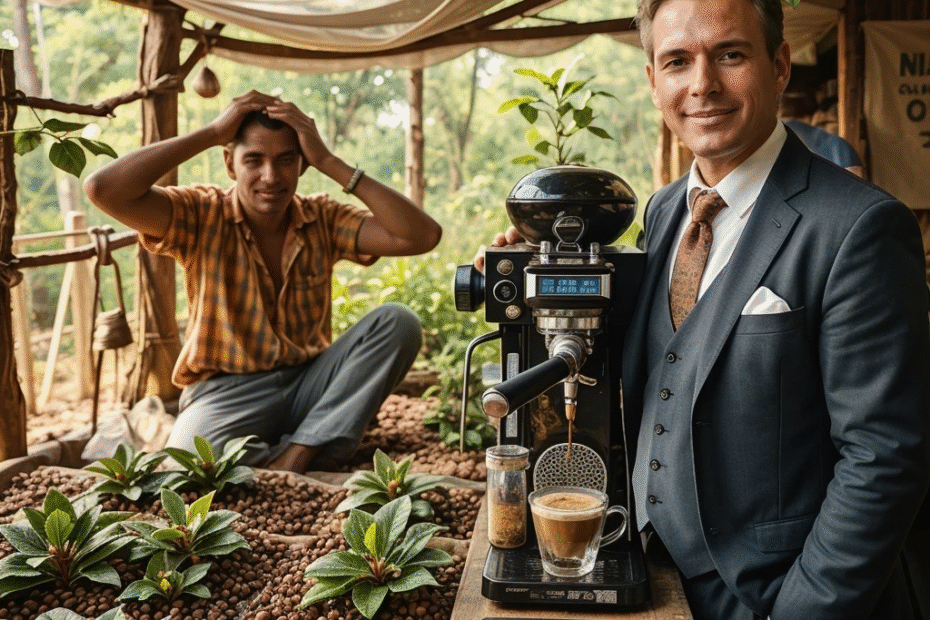 sotenibilidad en el café, hecho por IA. Por una parte el caficultor no consigue vivir del café y por otro en las ferias no se habla del precio del café. Sustainability in Coffee, Made by AI On one hand, the farmer cannot make a living from coffee. On the other, fairs rarely discuss coffee prices.