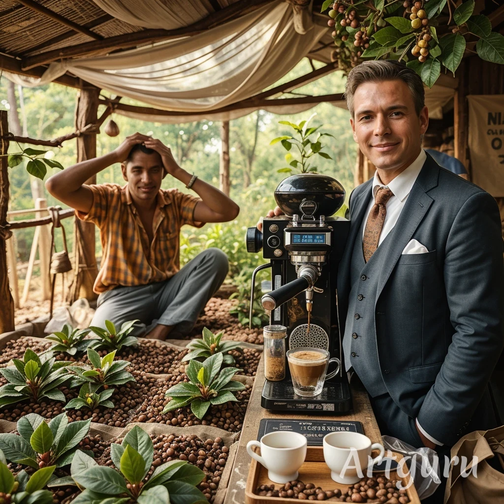sotenibilidad en el café, hecho por IA. Por una parte el caficultor no consigue vivir del café y por otro en las ferias no se habla del precio del café. Sustainability in Coffee, Made by AI On one hand, the farmer cannot make a living from coffee. On the other, fairs rarely discuss coffee prices.